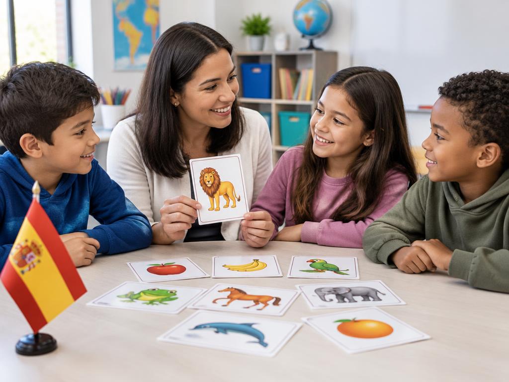 Crianças aprendendo espanhol com uma professora e cartões ilustrados em sala de aula