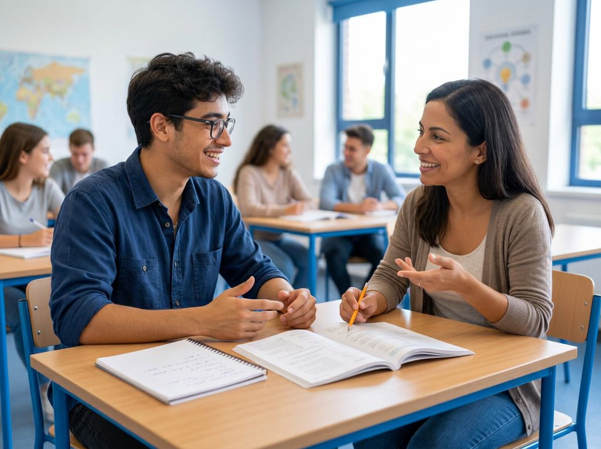 Aluno praticando conversação em inglês com uma professora em sala de aula