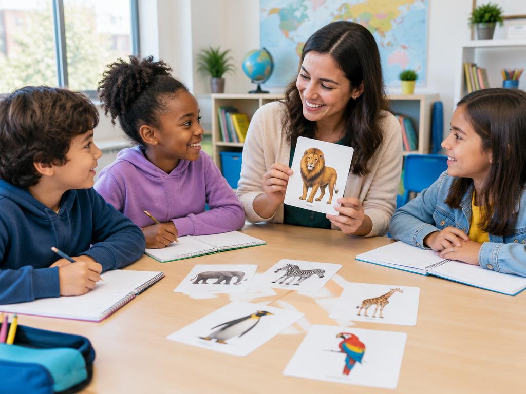 Crianças aprendendo inglês com uma professora e cartões ilustrados em sala de aula
